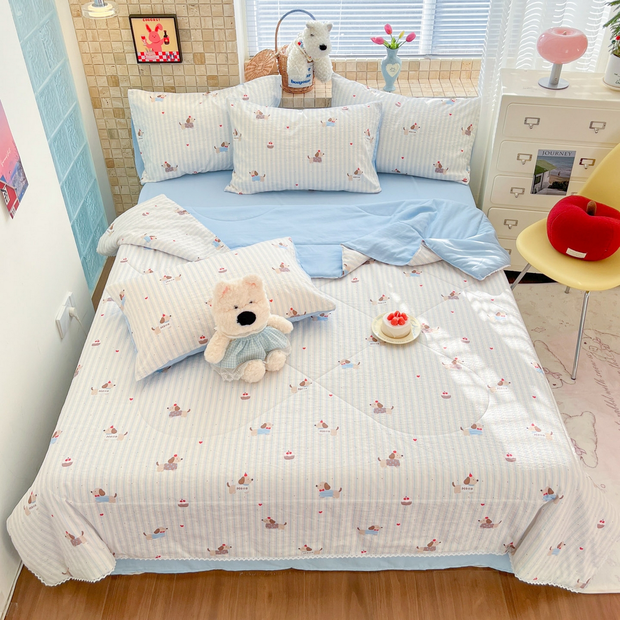 91家纺网 家纺一手货源 找家纺 川悦生活 2026新款双层纱木棉夏被四件套 腊肠甜心