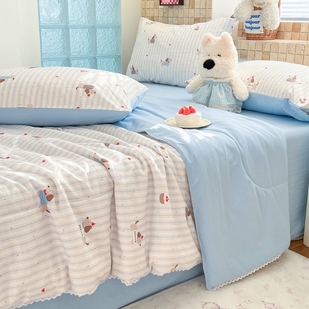 91家纺网 家纺一手货源 找家纺 川悦生活 2026新款双层纱木棉夏被四件套 腊肠甜心