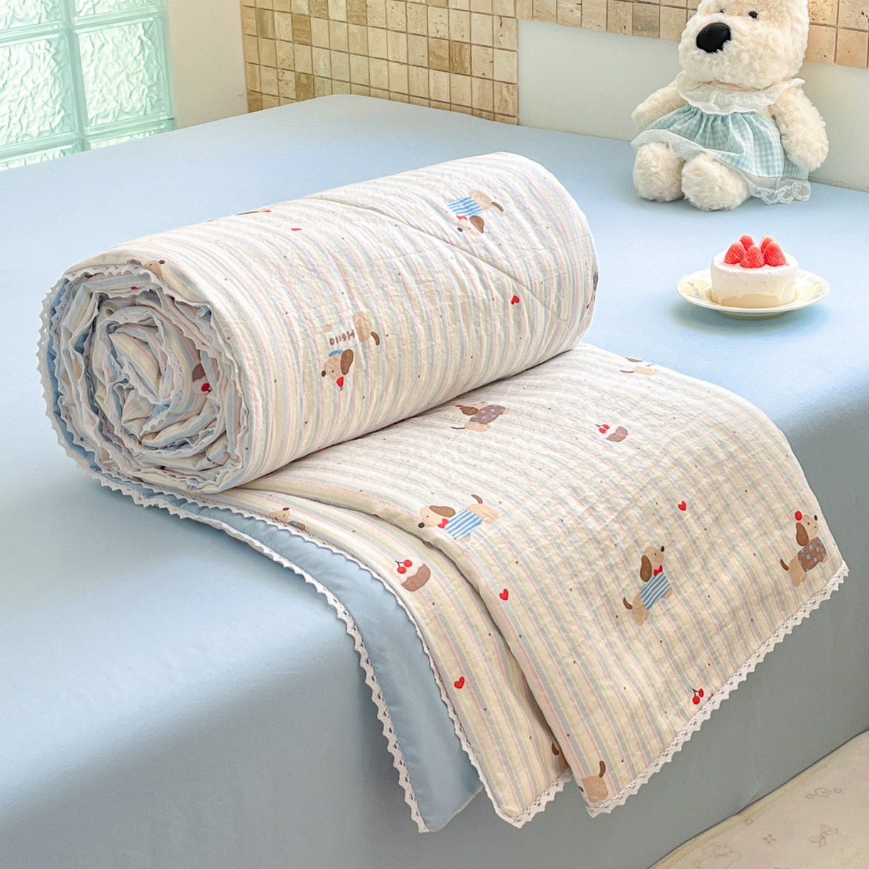 91家纺网 家纺一手货源 找家纺 川悦生活 2026新款双层纱木棉夏被四件套 腊肠甜心