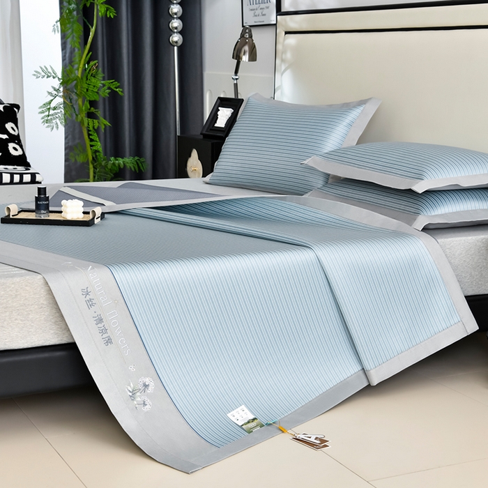 小牛席业 2026新款经典条纹-绣球冰丝清凉席系列凉席藤席冰藤双面席冰丝席竹席凉席空调席草席三件套 蓝色