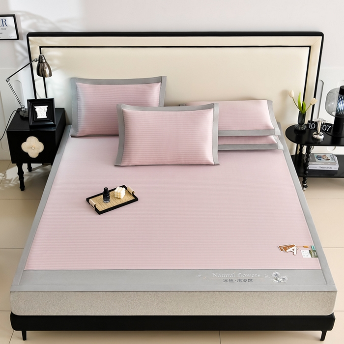 91家纺网 家纺一手货源 找家纺 小牛席业 2026新款经典条纹-绣球冰丝清凉席系列凉席藤席冰藤双面席冰丝席竹席凉席空调席草席三件套 粉色