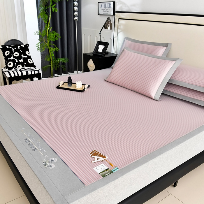 91家纺网 家纺一手货源 找家纺 小牛席业 2026新款经典条纹-绣球冰丝清凉席系列凉席藤席冰藤双面席冰丝席竹席凉席空调席草席三件套 粉色