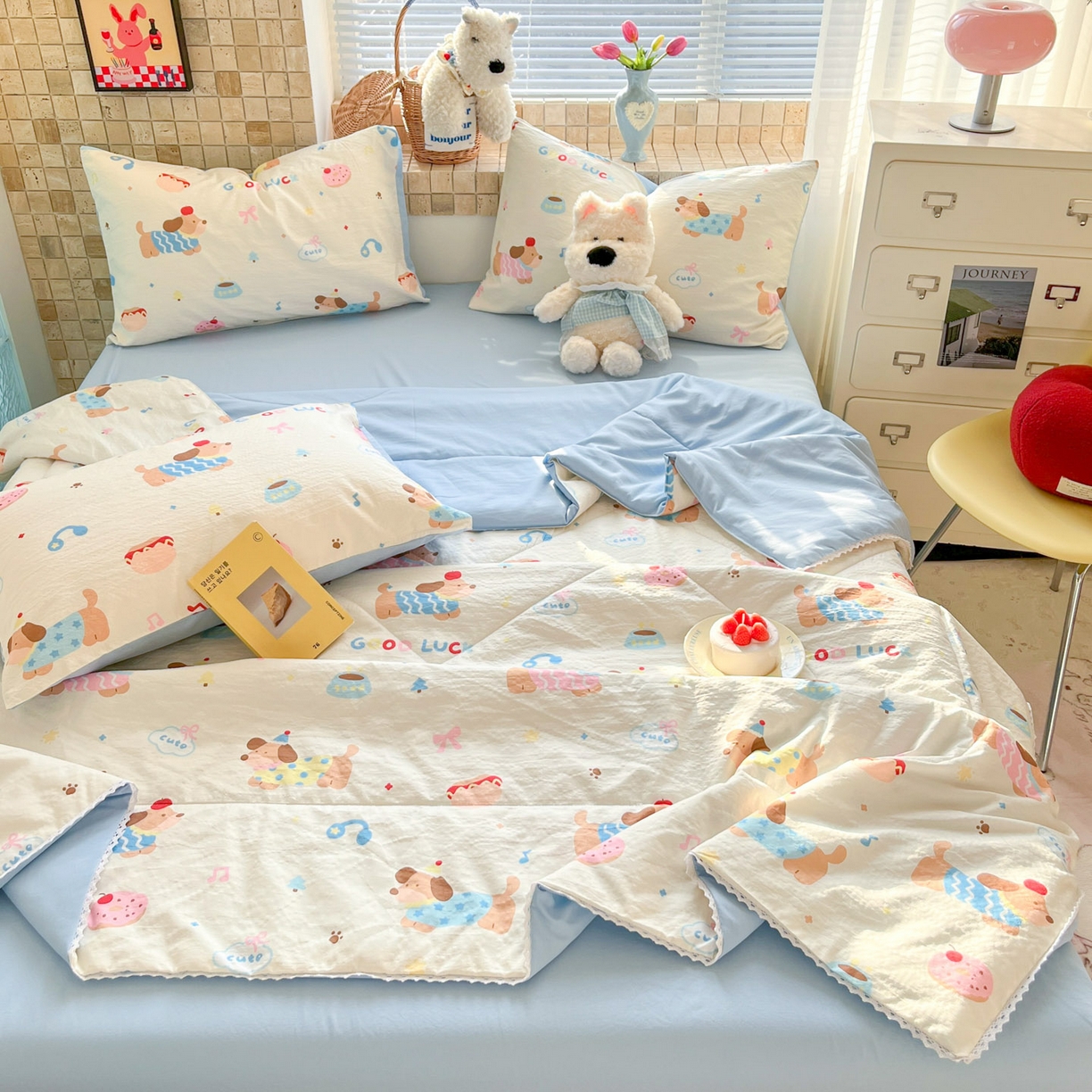 川悦生活 2026新款双层纱木棉夏被四件套 腊肠庄园