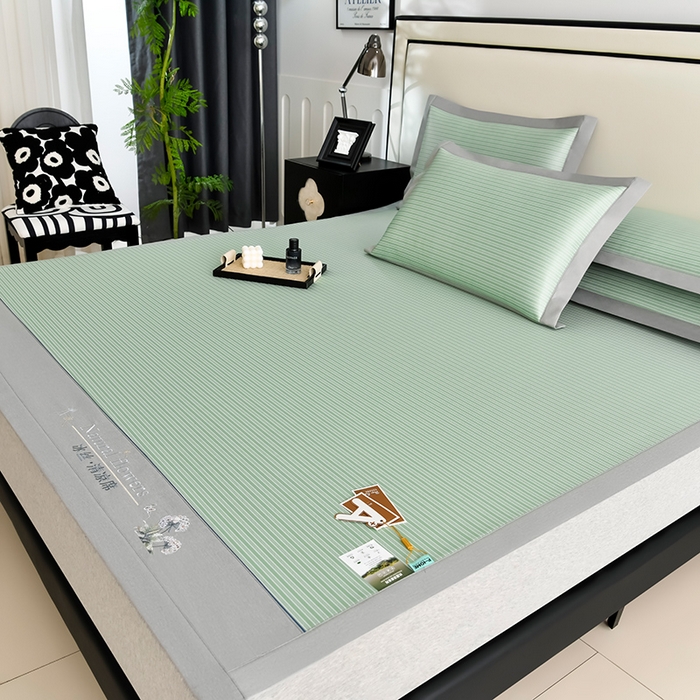 91家纺网 家纺一手货源 找家纺 小牛席业 2026新款经典条纹-绣球冰丝清凉席系列凉席藤席冰藤双面席冰丝席竹席凉席空调席草席三件套 绿色