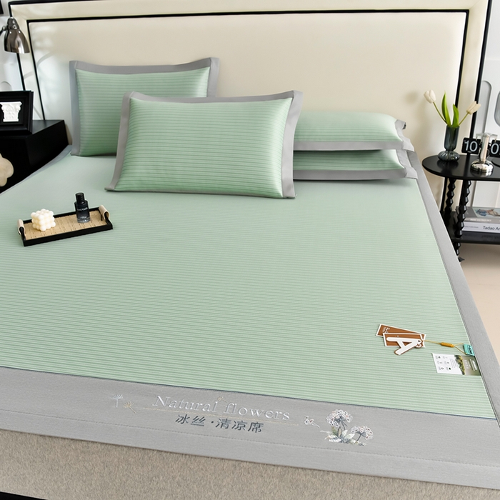 91家纺网 家纺一手货源 找家纺 小牛席业 2026新款经典条纹-绣球冰丝清凉席系列凉席藤席冰藤双面席冰丝席竹席凉席空调席草席三件套 绿色