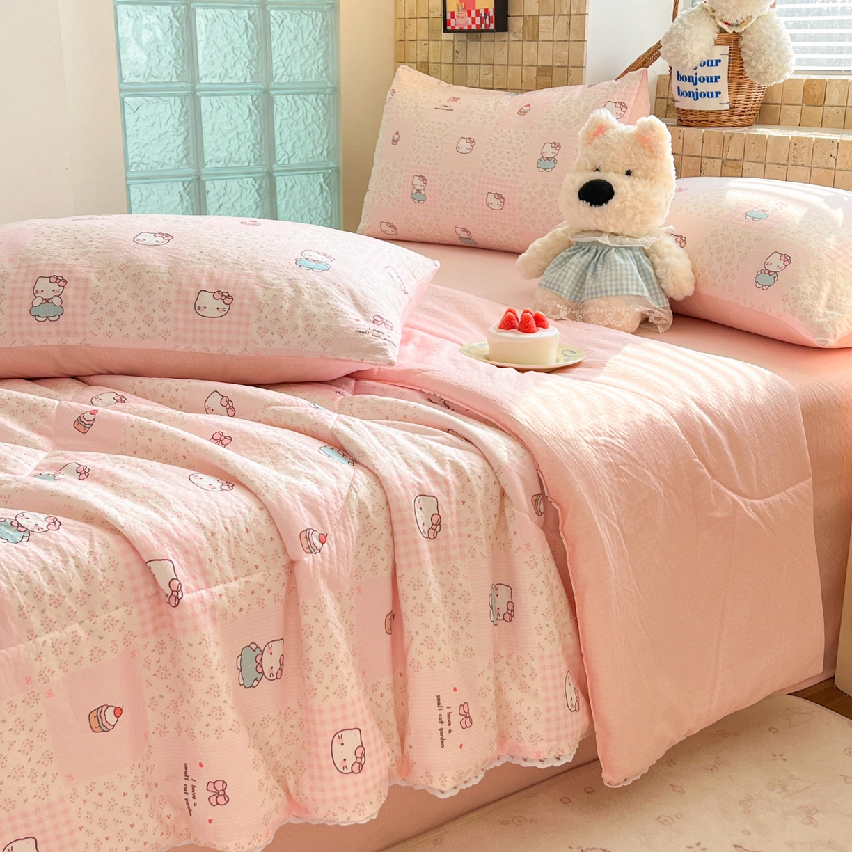 91家纺网 家纺一手货源 找家纺 川悦生活 2026新款双层纱木棉夏被四件套 奶油糕糕喵