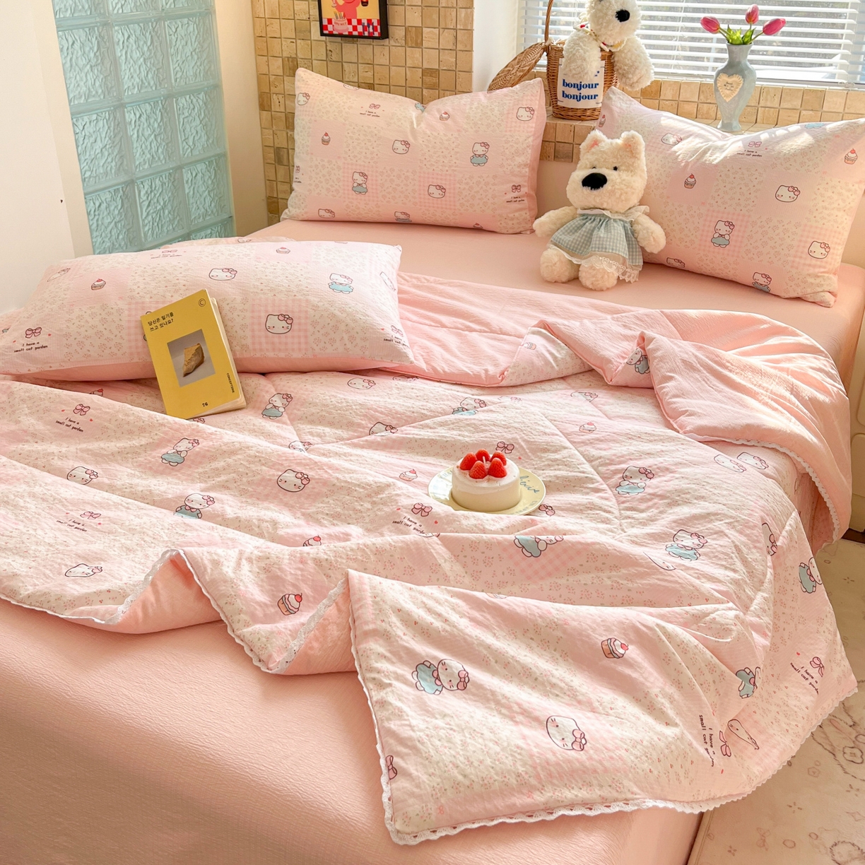 91家纺网 家纺一手货源 找家纺 川悦生活 2026新款双层纱木棉夏被四件套 奶油糕糕喵