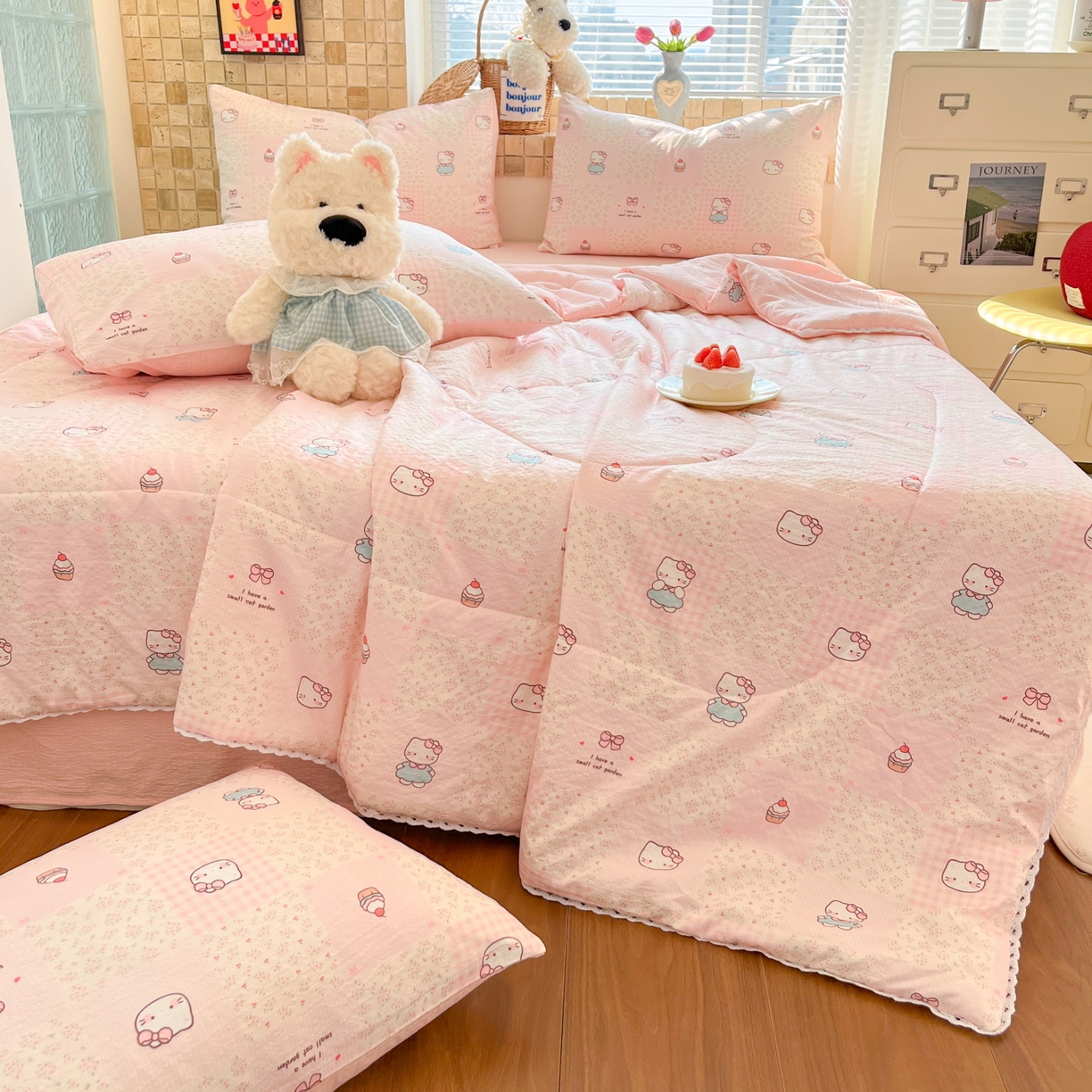 91家纺网 家纺一手货源 找家纺 川悦生活 2026新款双层纱木棉夏被四件套 奶油糕糕喵