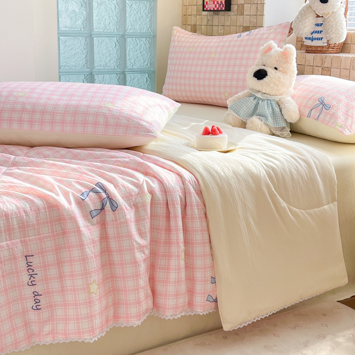 91家纺网 家纺一手货源 找家纺 川悦生活 2026新款双层纱木棉夏被四件套 奶油可盐