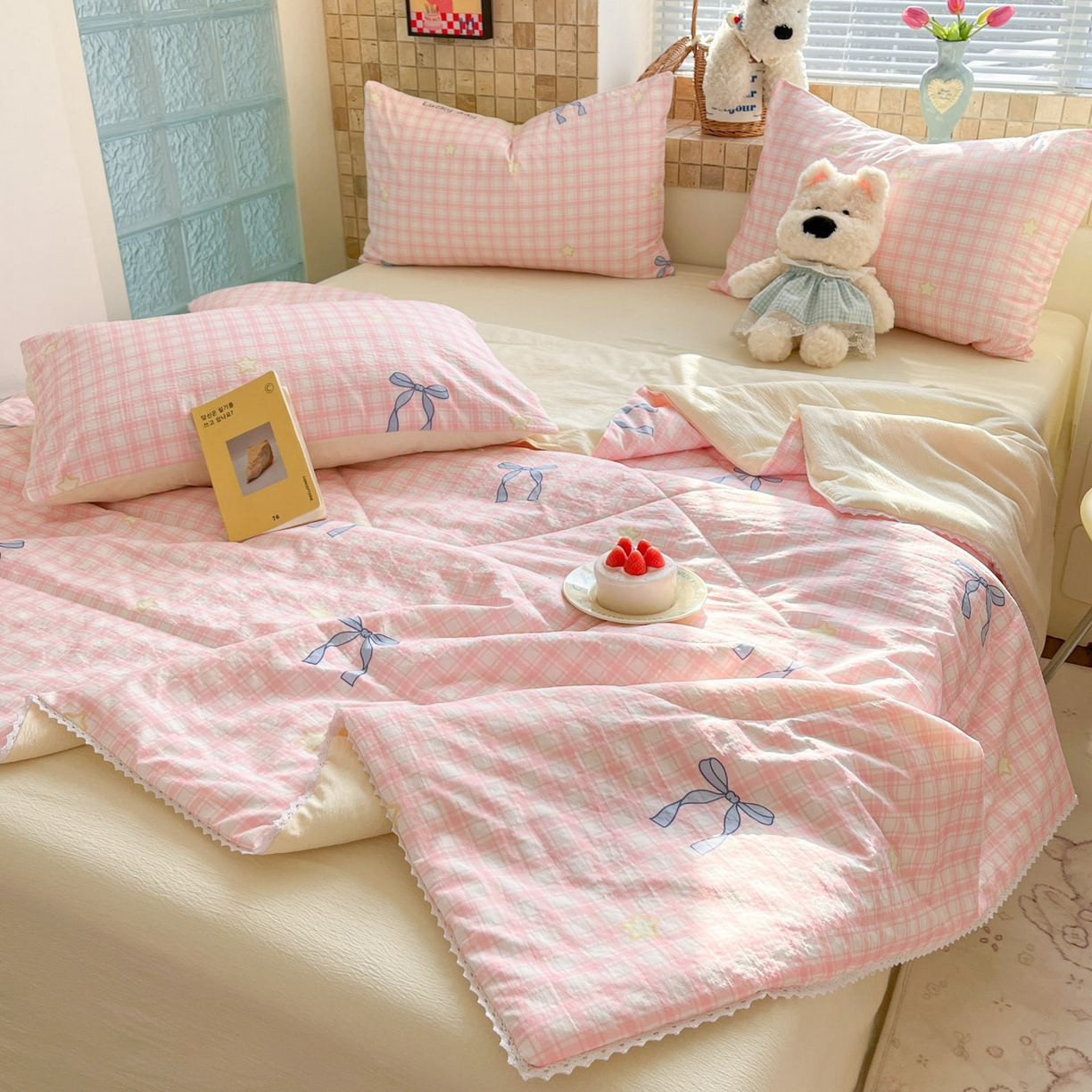 91家纺网 家纺一手货源 找家纺 川悦生活 2026新款双层纱木棉夏被四件套 奶油可盐