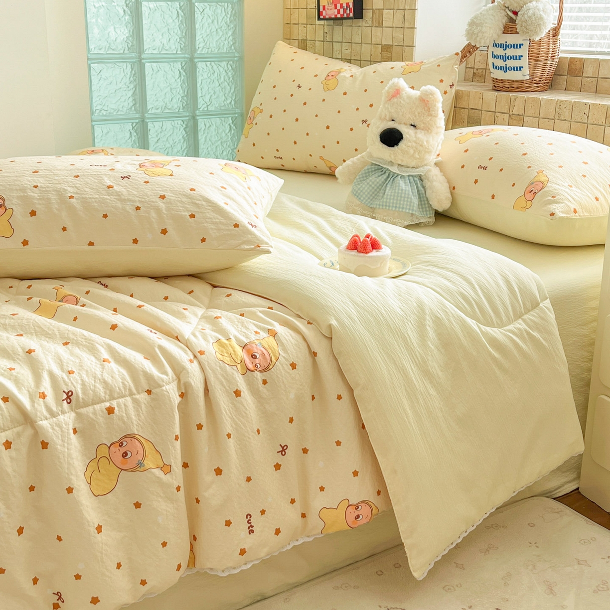 91家纺网 家纺一手货源 找家纺 川悦生活 2026新款双层纱木棉夏被四件套 恰星星