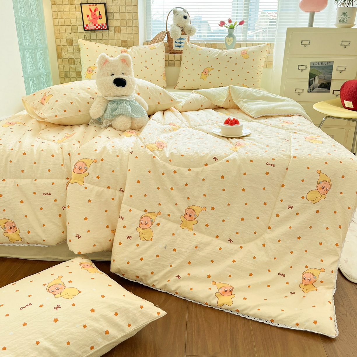 91家纺网 家纺一手货源 找家纺 川悦生活 2026新款双层纱木棉夏被四件套 恰星星