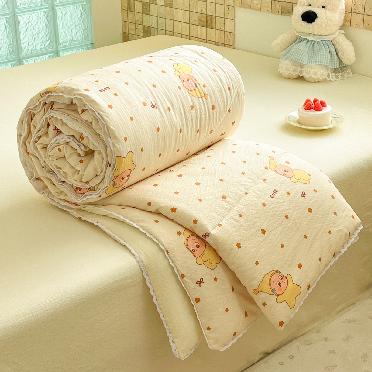 91家纺网 家纺一手货源 找家纺 川悦生活 2026新款双层纱木棉夏被四件套 恰星星