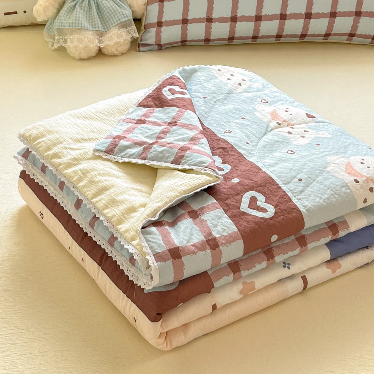 91家纺网 家纺一手货源 找家纺 川悦生活 2026新款双层纱木棉夏被四件套 巧克力乐园