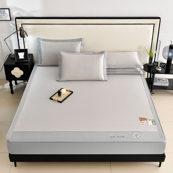 91家纺网 家纺一手货源 找家纺 小牛席业 2026新款经典条纹冰丝清凉席系列（床笠款）-绣球凉席藤席冰藤双面席冰丝席竹席凉席空调席草席三件套 香槟