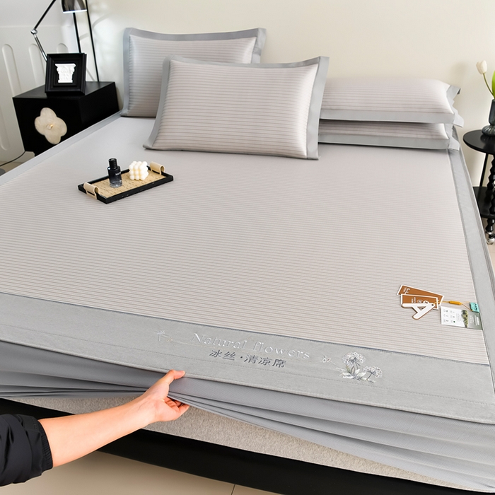 91家纺网 家纺一手货源 找家纺 小牛席业 2026新款经典条纹冰丝清凉席系列（床笠款）-绣球凉席藤席冰藤双面席冰丝席竹席凉席空调席草席三件套 香槟