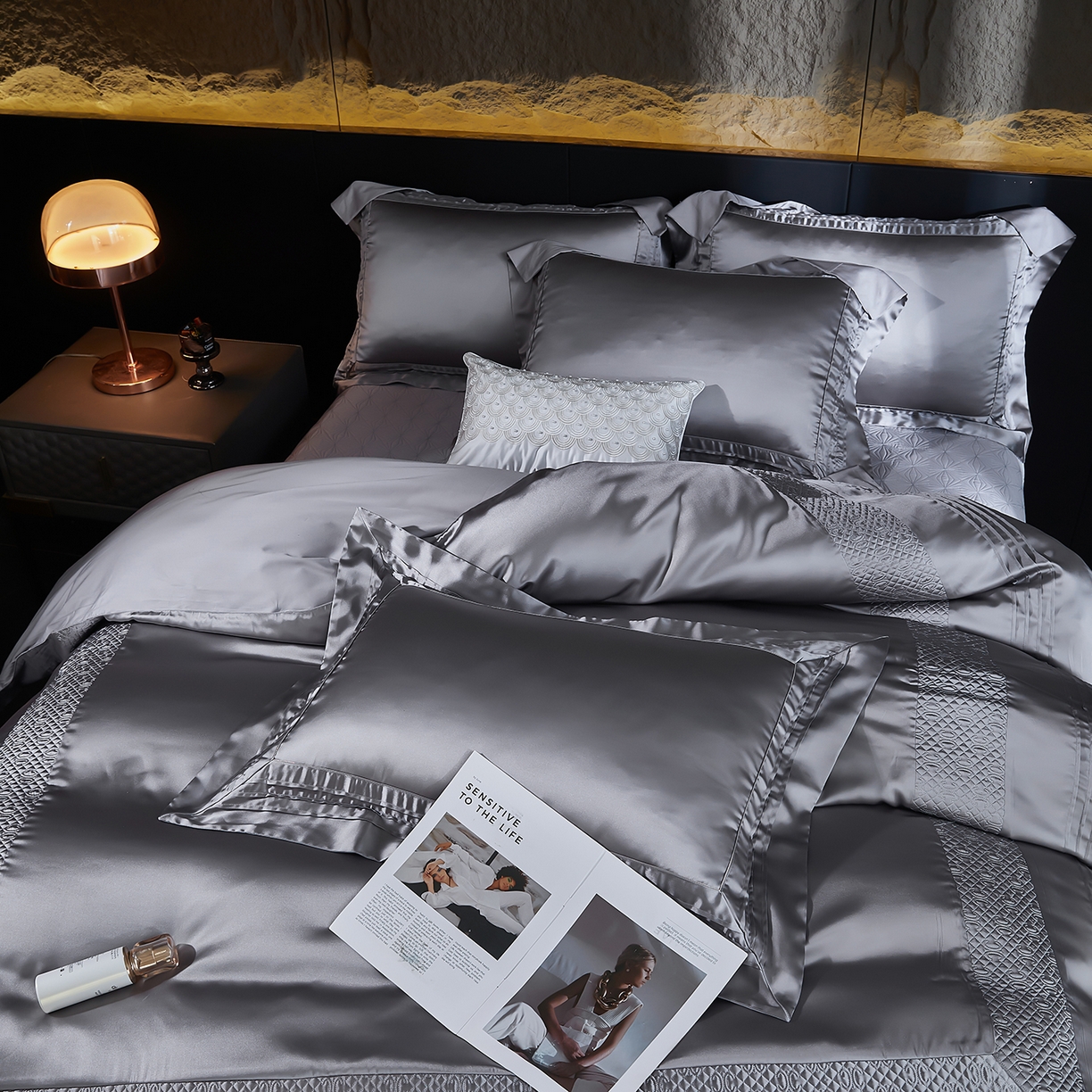 91家纺网 家纺一手货源 找家纺 edra 2026新款真丝天丝轻奢床盖款四件套-凯瑟琳 凯瑟琳灰色