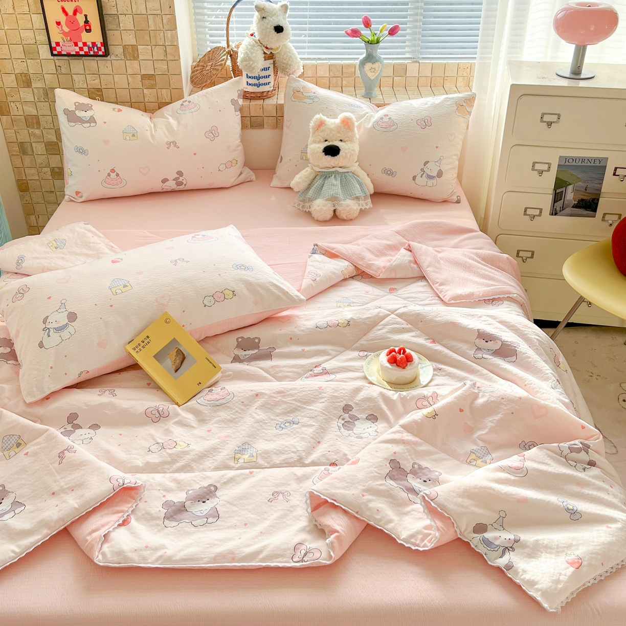 川悦生活 2026新款双层纱木棉夏被四件套 糖豆小旺