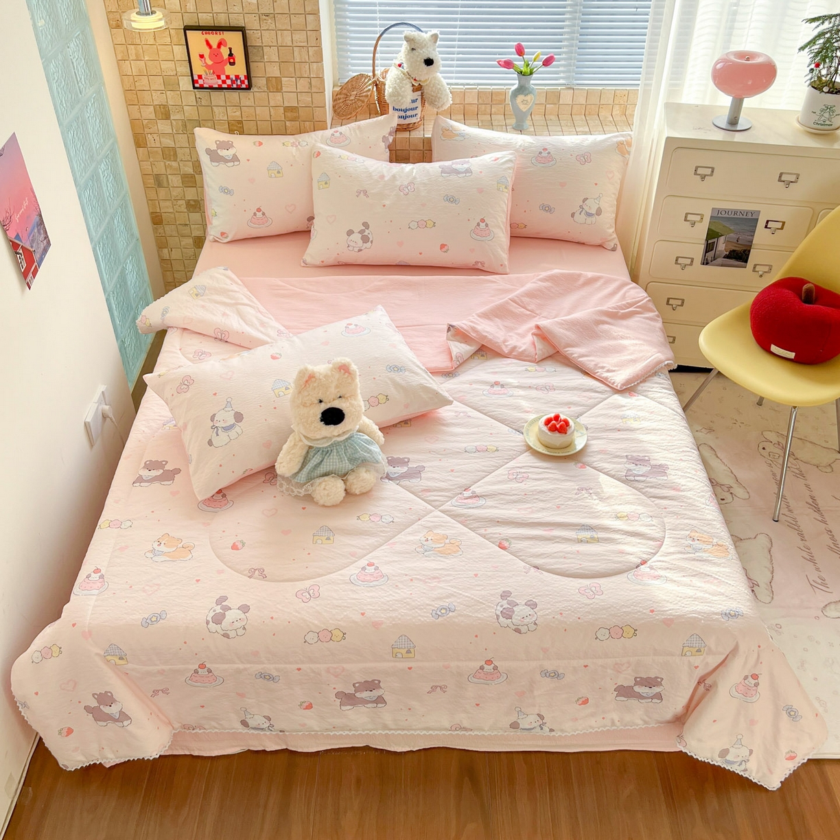 91家纺网 家纺一手货源 找家纺 川悦生活 2026新款双层纱木棉夏被四件套 糖豆小旺