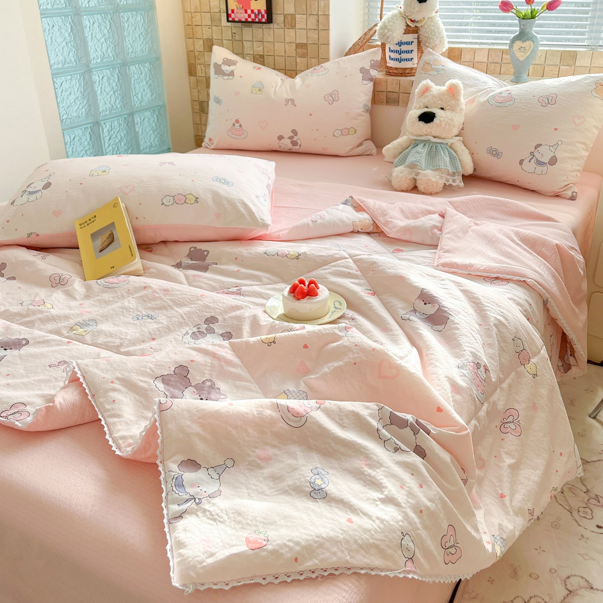 91家纺网 家纺一手货源 找家纺 川悦生活 2026新款双层纱木棉夏被四件套 糖豆小旺