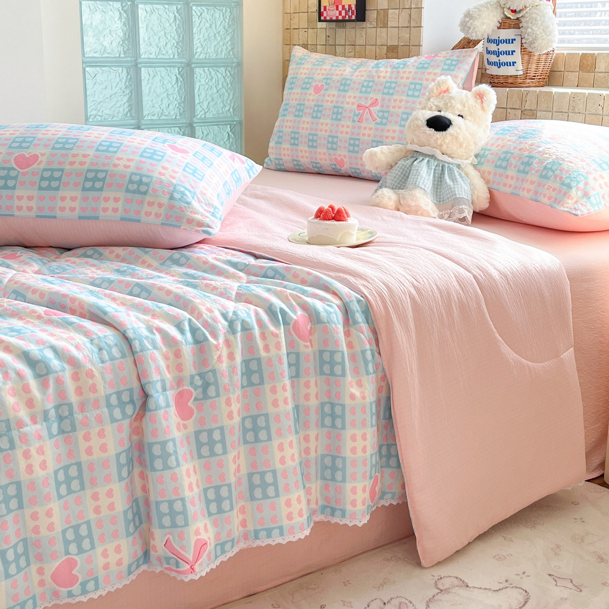 91家纺网 家纺一手货源 找家纺 川悦生活 2026新款双层纱木棉夏被四件套 甜梦心愿