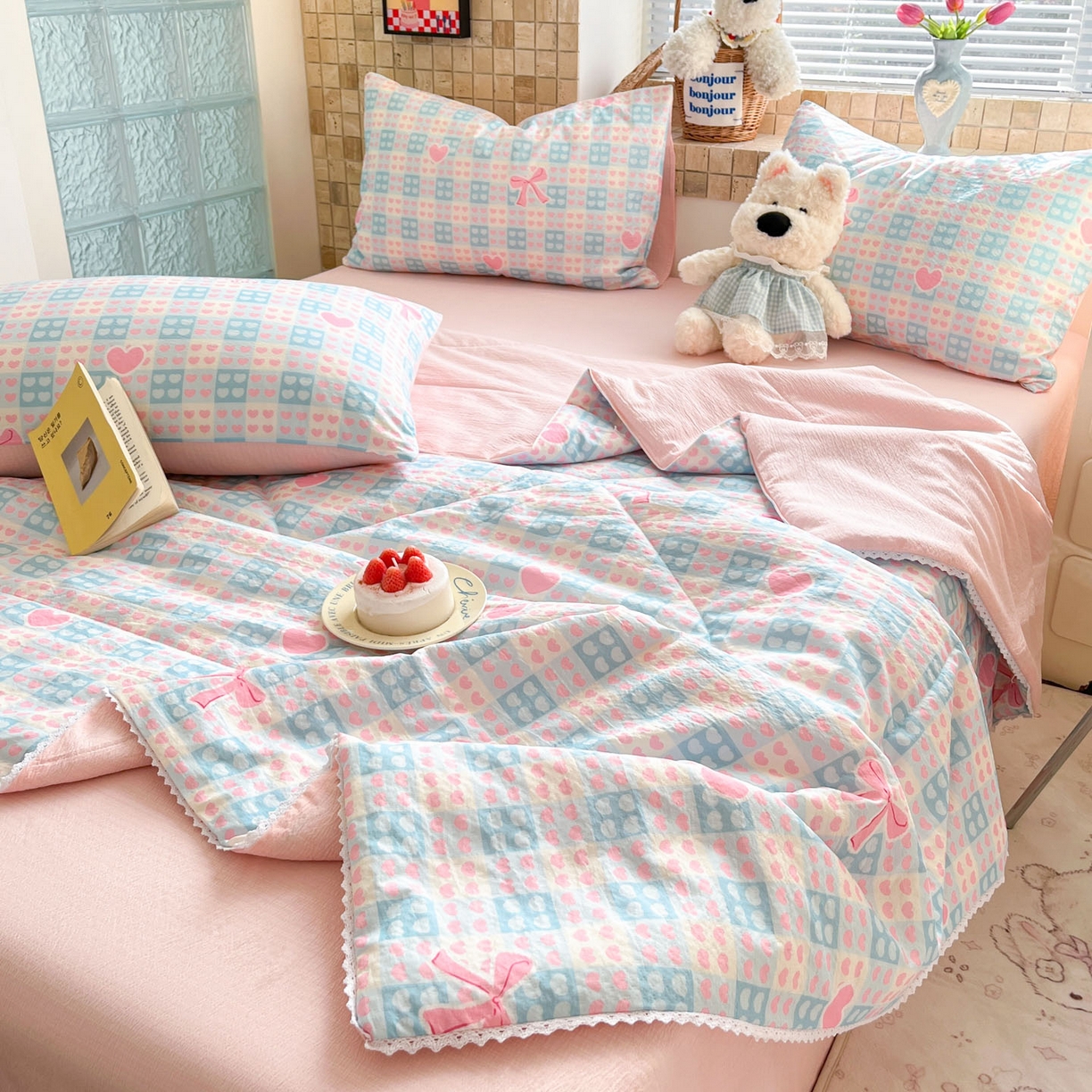 91家纺网 家纺一手货源 找家纺 川悦生活 2026新款双层纱木棉夏被四件套 甜梦心愿