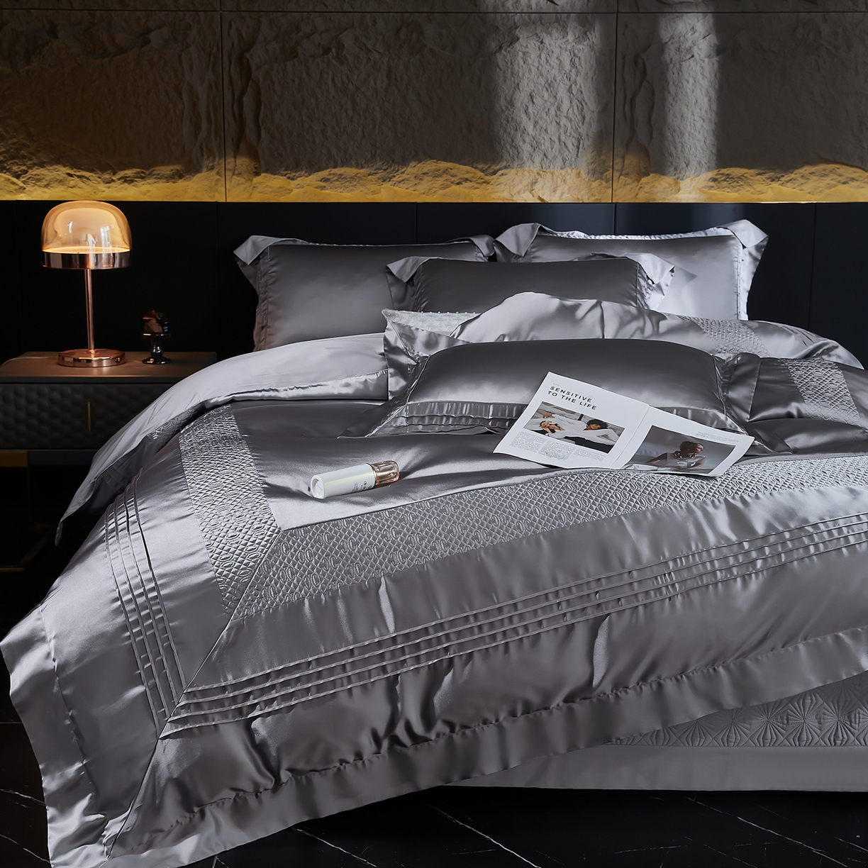 91家纺网 家纺一手货源 找家纺 edra 2026新款真丝天丝轻奢床盖款四件套-凯瑟琳 凯瑟琳灰色