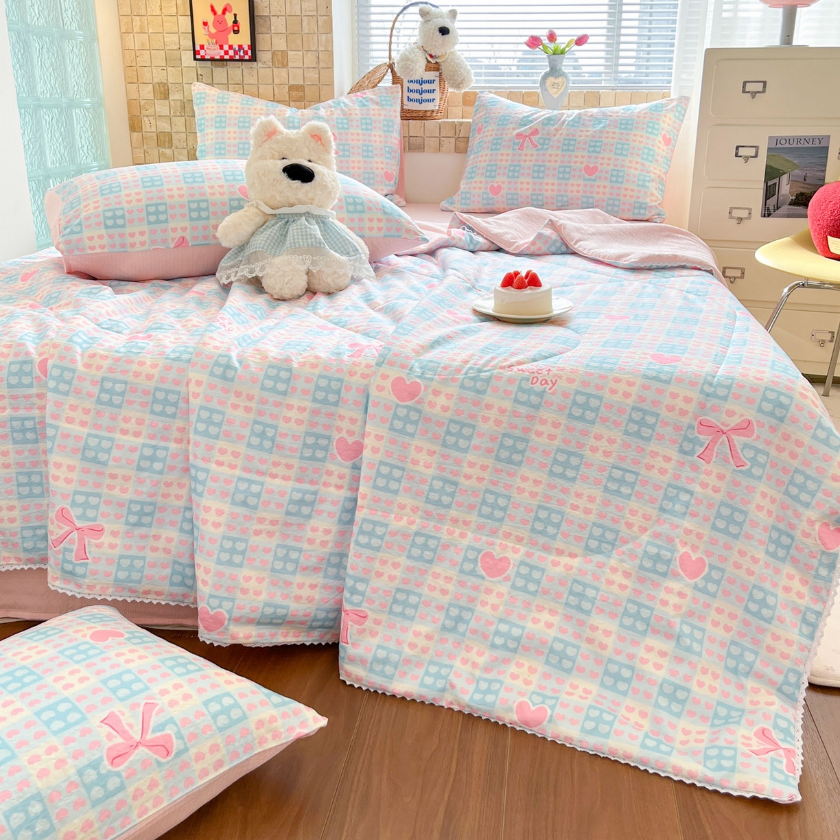 91家纺网 家纺一手货源 找家纺 川悦生活 2026新款双层纱木棉夏被四件套 甜梦心愿