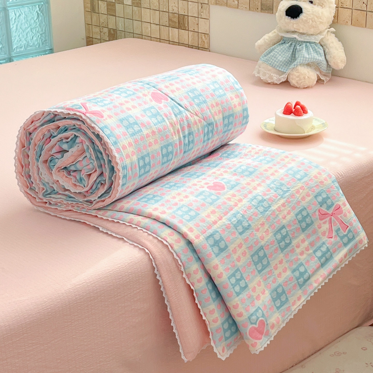 91家纺网 家纺一手货源 找家纺 川悦生活 2026新款双层纱木棉夏被四件套 甜梦心愿