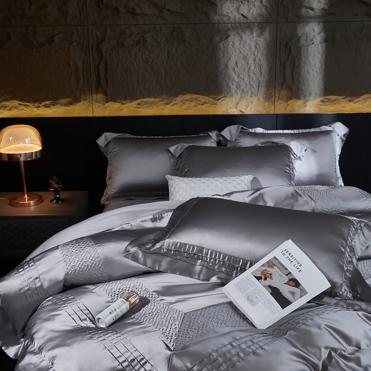 91家纺网 家纺一手货源 找家纺 edra 2026新款真丝天丝轻奢床盖款四件套-凯瑟琳 凯瑟琳灰色