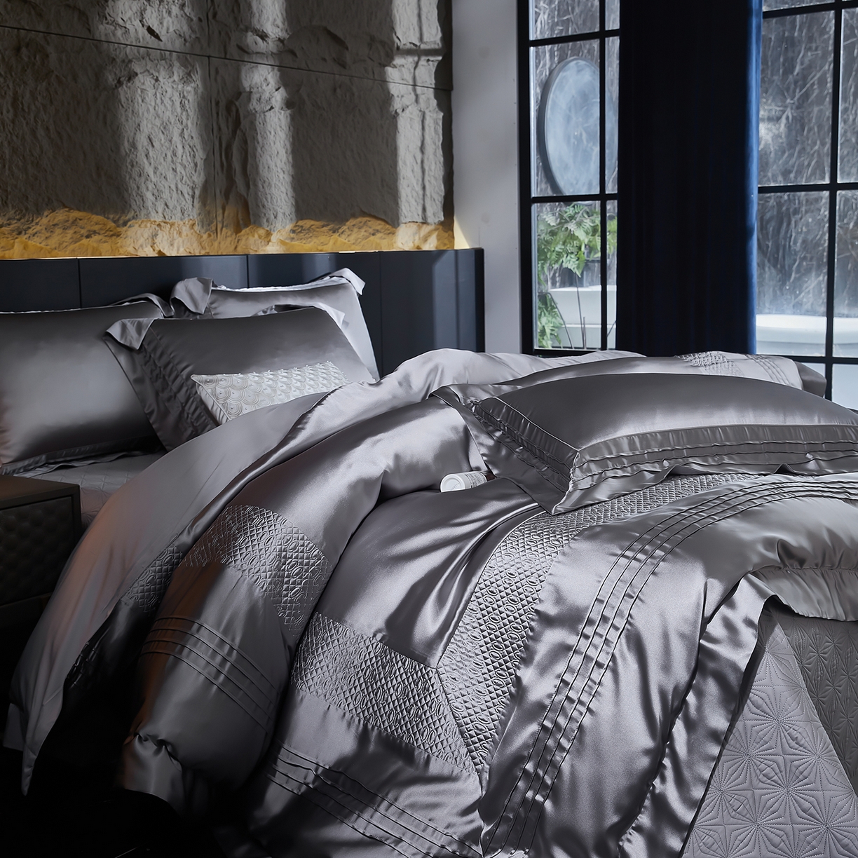 91家纺网 家纺一手货源 找家纺 edra 2026新款真丝天丝轻奢床盖款四件套-凯瑟琳 凯瑟琳灰色