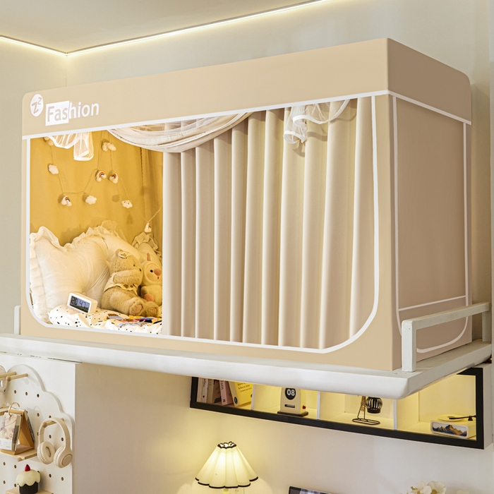 91家纺网 家纺一手货源 找家纺 壹和 2026新款加厚梭织100%物理强遮光床学生蚊帐环保透气床帘加密纱学生蚊帐 卡其