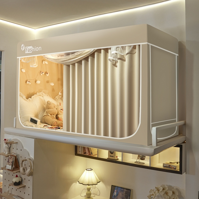 91家纺网 家纺一手货源 找家纺 壹和 2026新款加厚梭织100%物理强遮光床学生蚊帐环保透气床帘加密纱学生蚊帐 卡其