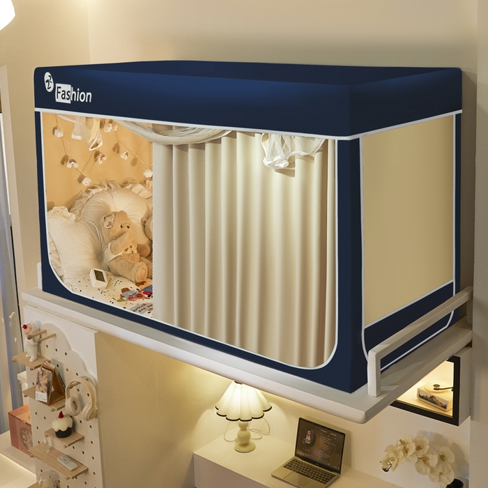 91家纺网 家纺一手货源 找家纺 壹和 2026新款加厚梭织100%物理强遮光床学生蚊帐环保透气床帘加密纱学生蚊帐 藏青+卡其