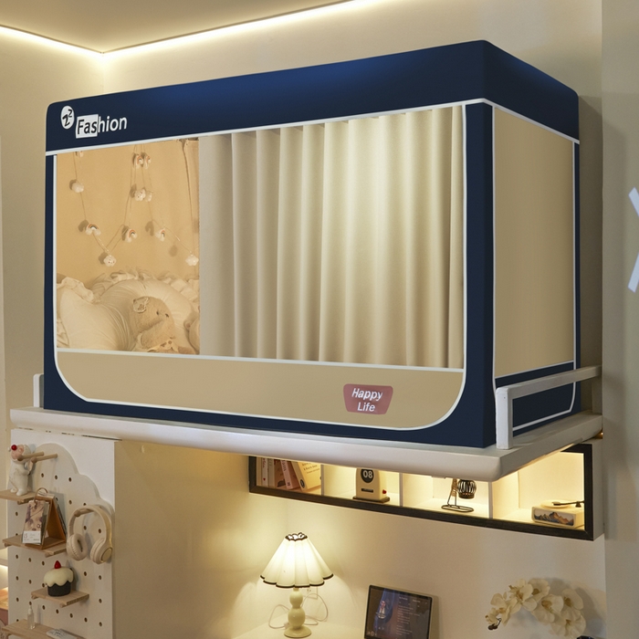 91家纺网 家纺一手货源 找家纺 壹和 2026新款加厚梭织100%物理强遮光床学生蚊帐环保透气床帘加密纱学生蚊帐 藏青+卡其