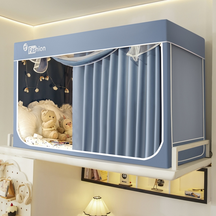 91家纺网 家纺一手货源 找家纺 壹和 2026新款加厚梭织100%物理强遮光床学生蚊帐环保透气床帘加密纱学生蚊帐 灰蓝