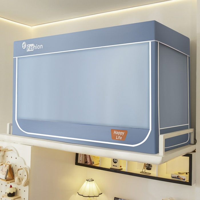 91家纺网 家纺一手货源 找家纺 壹和 2026新款加厚梭织100%物理强遮光床学生蚊帐环保透气床帘加密纱学生蚊帐 灰蓝