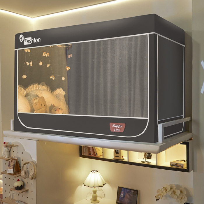 91家纺网 家纺一手货源 找家纺 壹和 2026新款加厚梭织100%物理强遮光床学生蚊帐环保透气床帘加密纱学生蚊帐 高级灰