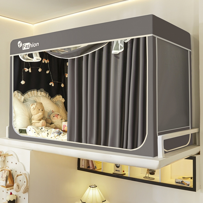 91家纺网 家纺一手货源 找家纺 壹和 2026新款加厚梭织100%物理强遮光床学生蚊帐环保透气床帘加密纱学生蚊帐 高级灰