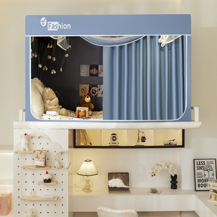 91家纺网 家纺一手货源 找家纺 壹和 2026新款加厚梭织100%物理强遮光床学生蚊帐环保透气床帘加密纱学生蚊帐 灰蓝