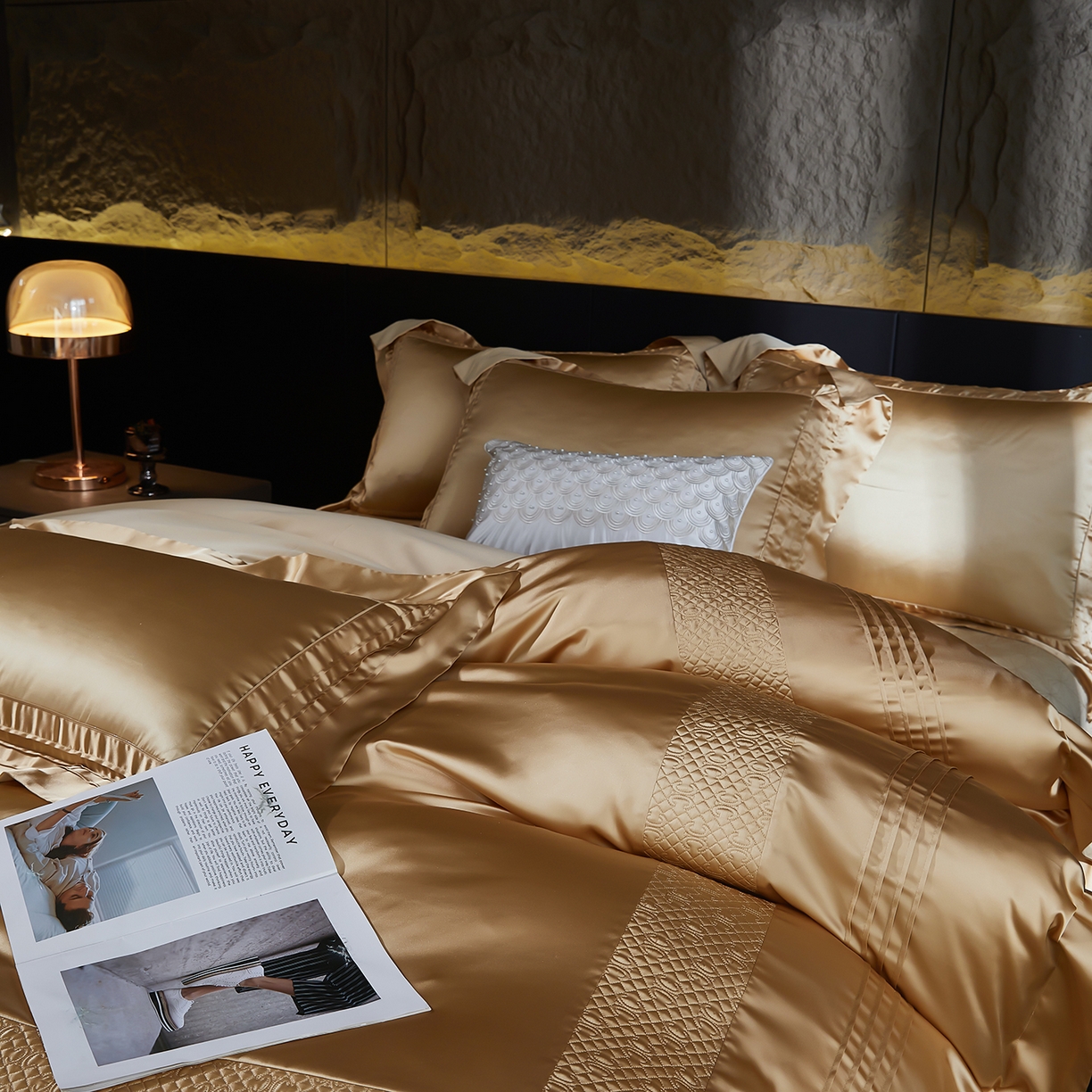 91家纺网 家纺一手货源 找家纺 edra 2026新款真丝天丝轻奢床盖款四件套-凯瑟琳 凯瑟琳金色