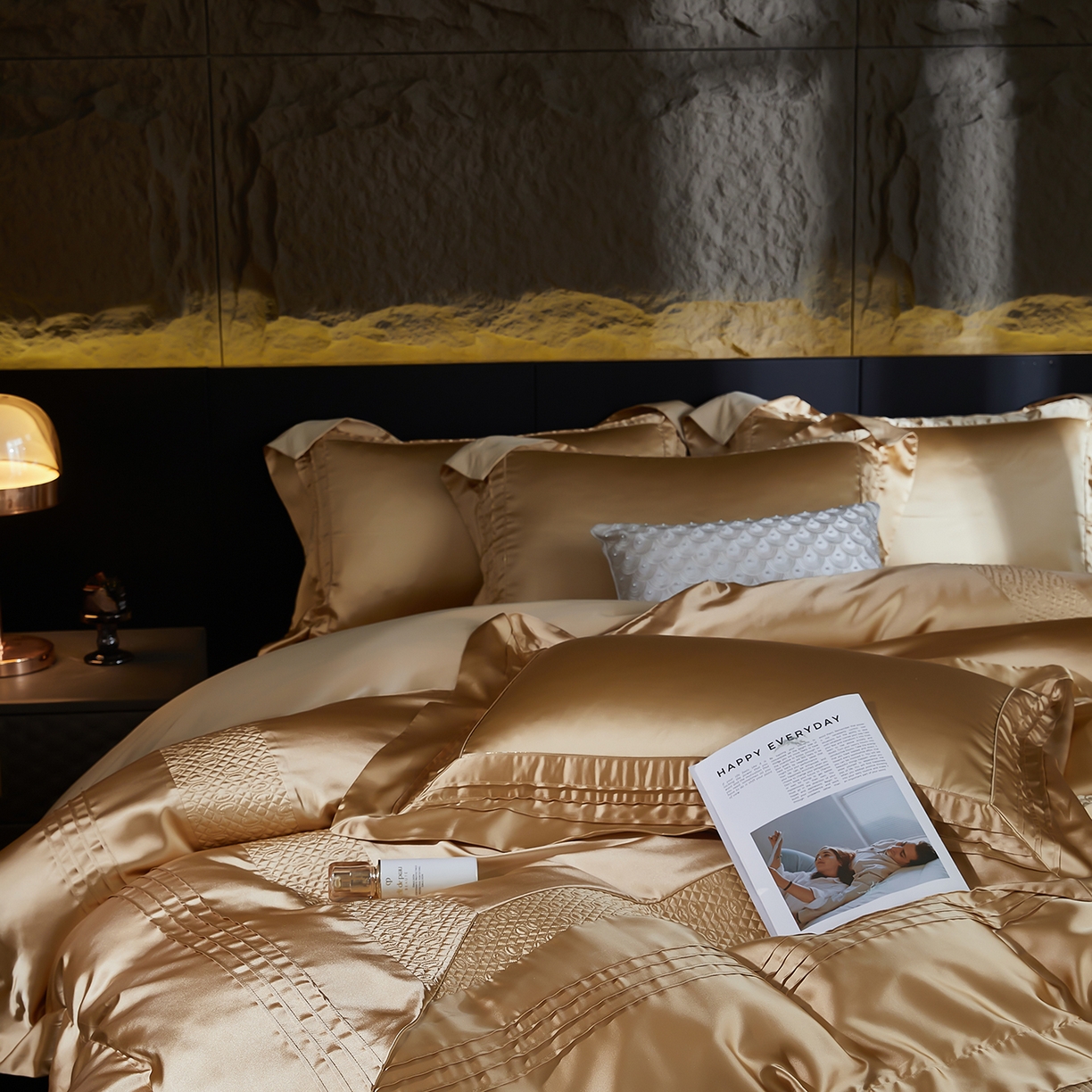 91家纺网 家纺一手货源 找家纺 edra 2026新款真丝天丝轻奢床盖款四件套-凯瑟琳 凯瑟琳金色