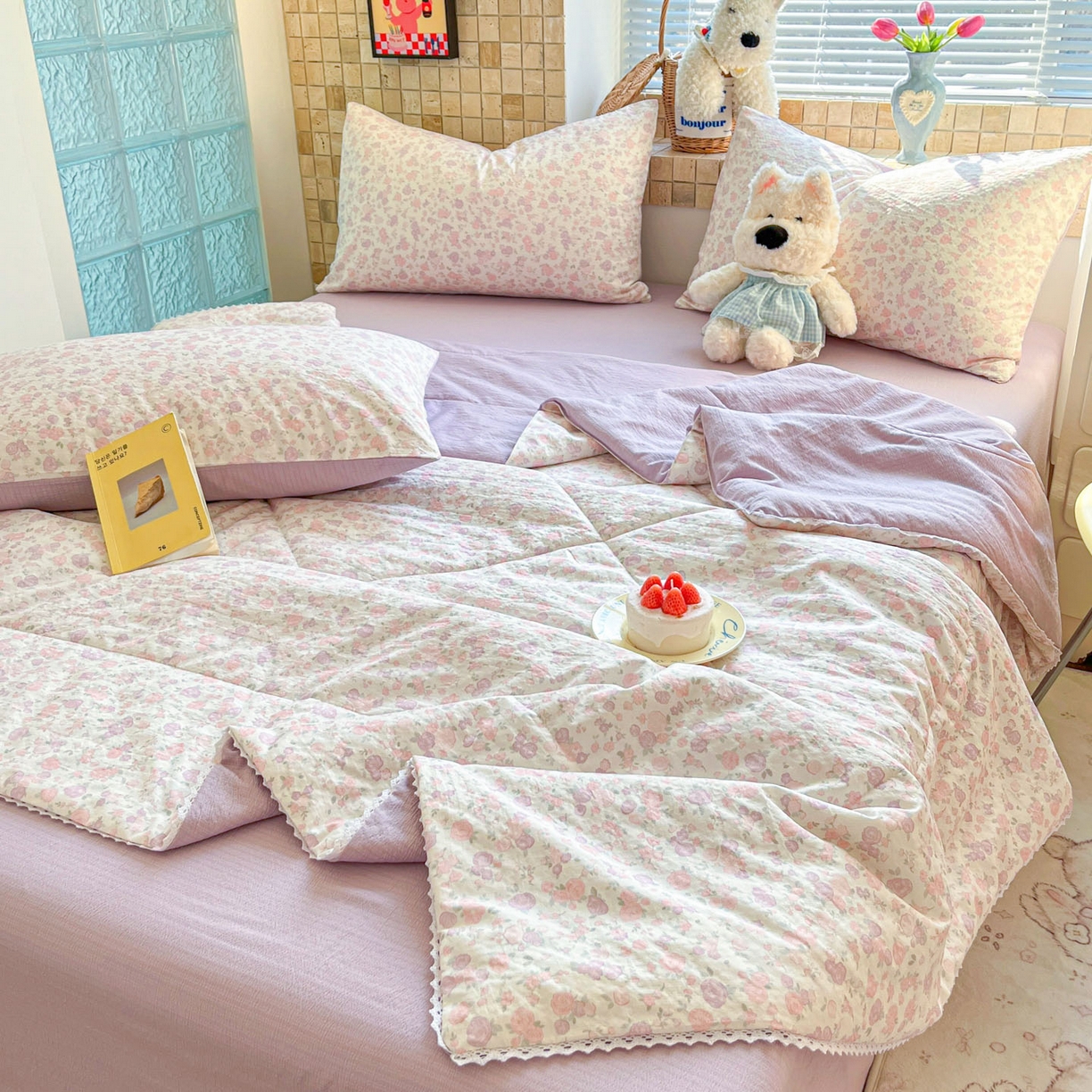 91家纺网 家纺一手货源 找家纺 川悦生活 2026新款双层纱木棉夏被四件套 香芋甜梦