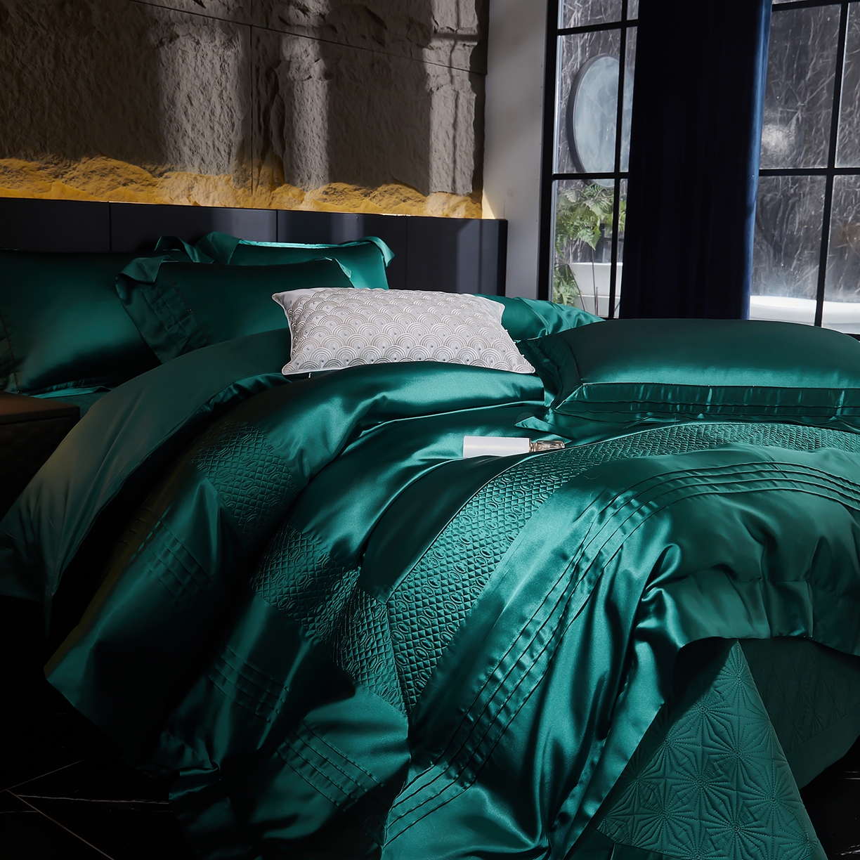91家纺网 家纺一手货源 找家纺 edra 2026新款真丝天丝轻奢床盖款四件套-凯瑟琳 凯瑟琳绿色