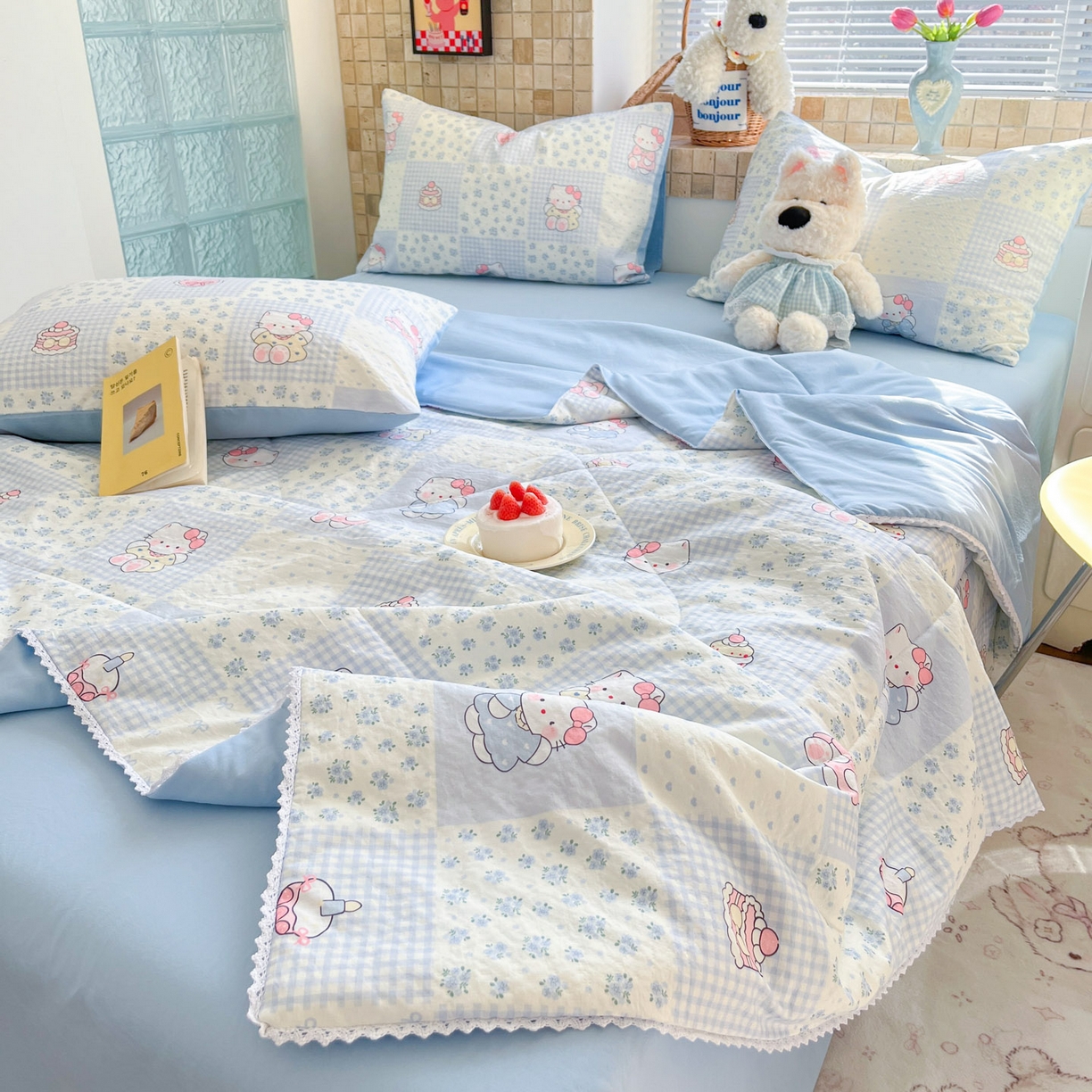 91家纺网 家纺一手货源 找家纺 川悦生活 2026新款双层纱木棉夏被四件套 小猫庄园