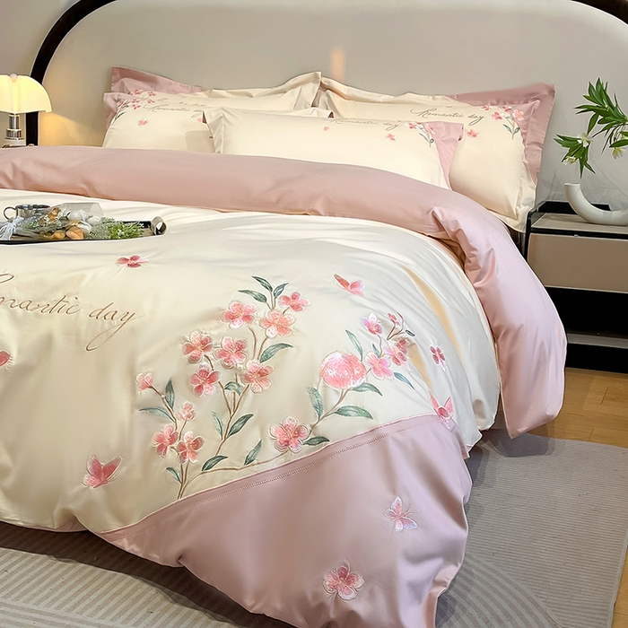 91家纺网 家纺一手货源 找家纺 （总）桃园 新品纯棉全棉长绒棉刺绣绣花高端礼盒四件套-花语