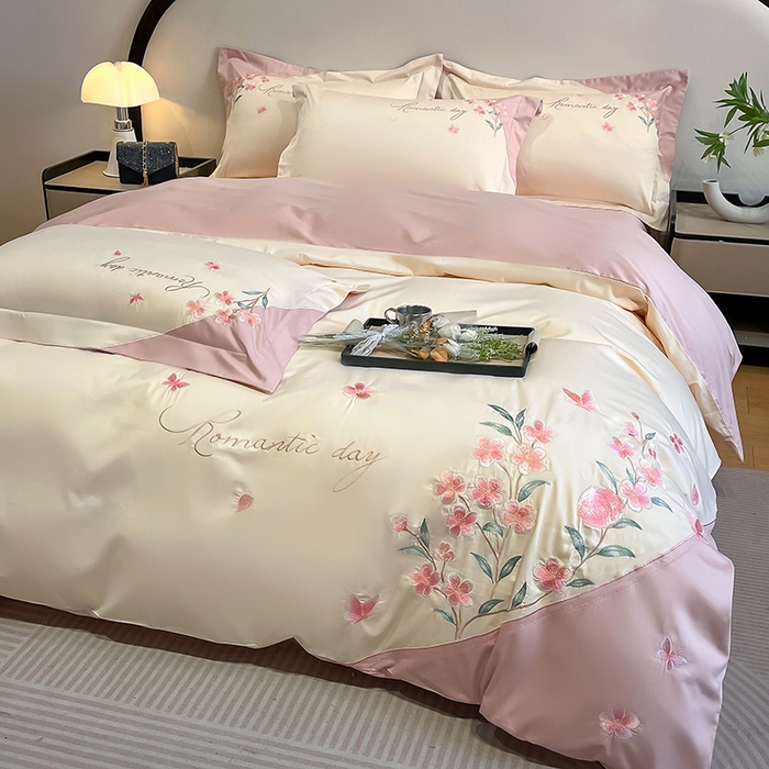 91家纺网 家纺一手货源 找家纺 （总）桃园 新品纯棉全棉长绒棉刺绣绣花高端礼盒四件套-花语,花语-白粉,花语-飘蓝,花语-轻奢粉,花语-白紫