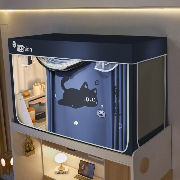 91家纺网 家纺一手货源 找家纺 壹和 2026新款强遮光纳米技术静电植绒环保透气床帘加密纱学生蚊帐 躺赢猫