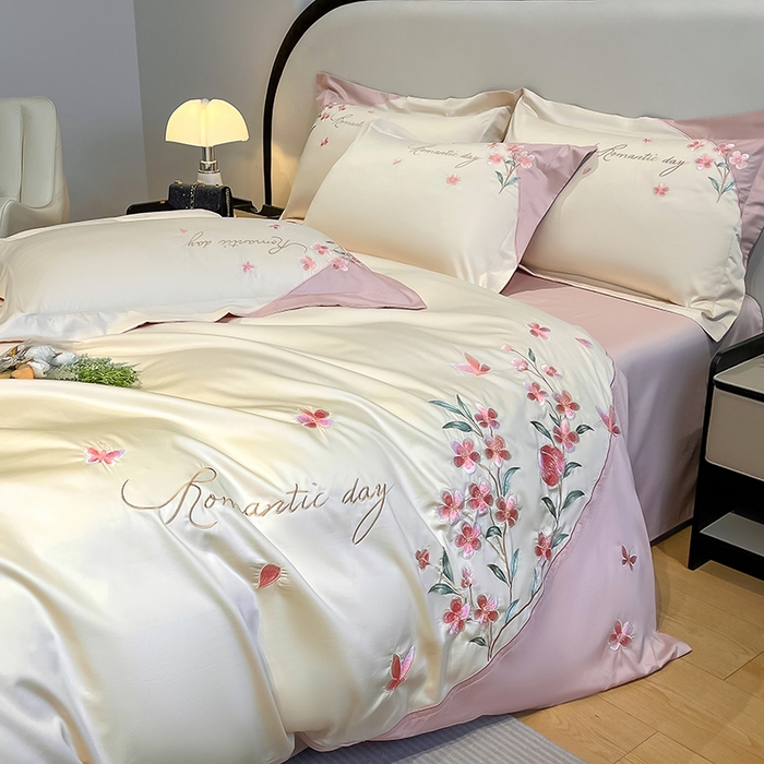 91家纺网 家纺一手货源 找家纺 桃园 新品纯棉全棉长绒棉刺绣绣花高端礼盒四件套-花语 花语-白粉