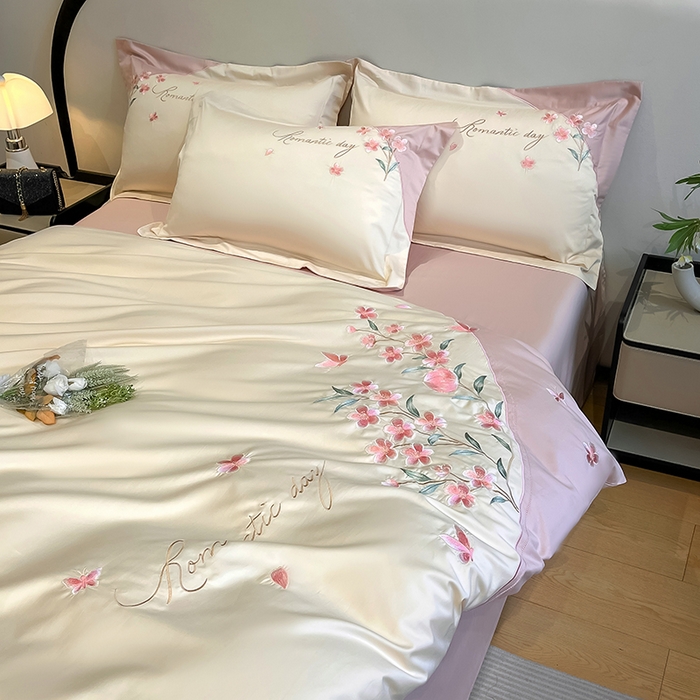 91家纺网 家纺一手货源 找家纺 桃园 新品纯棉全棉长绒棉刺绣绣花高端礼盒四件套-花语 花语-白粉